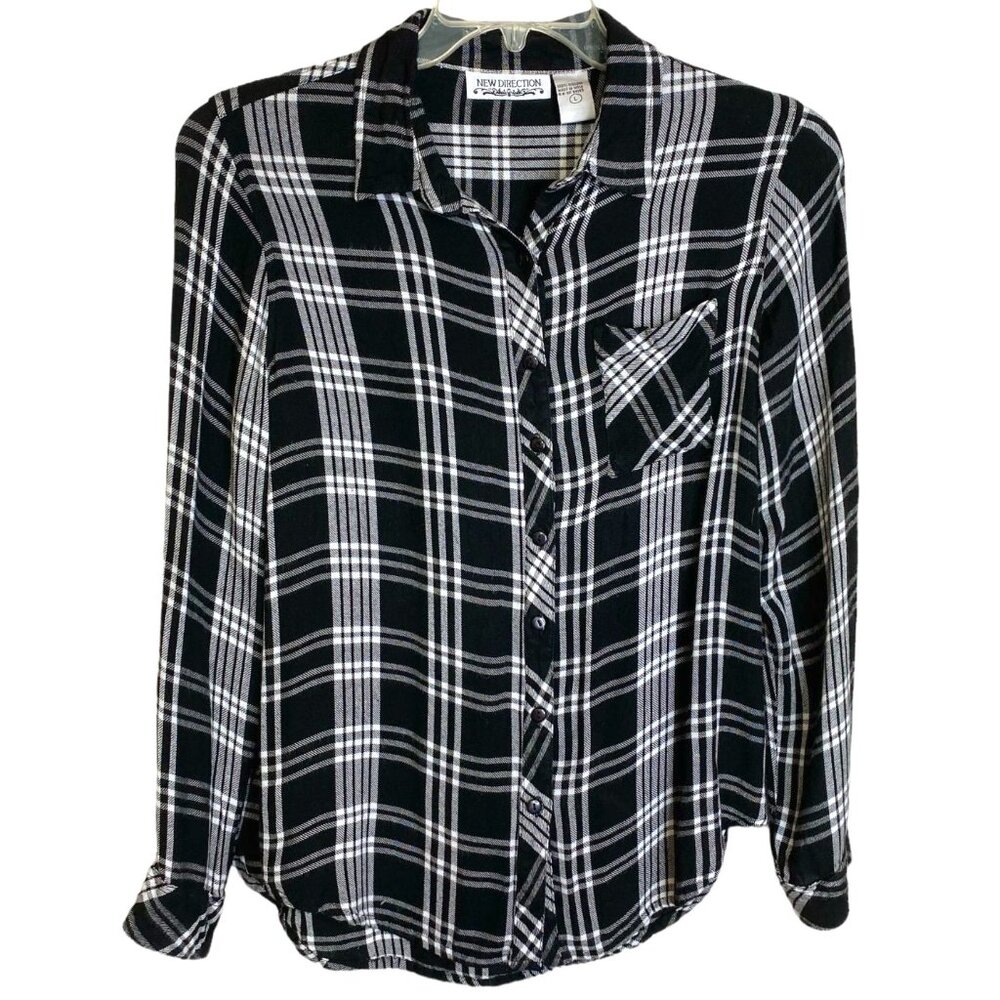 New Direction Black and White Plaid Button-Down Shirt Size L Grunge Western